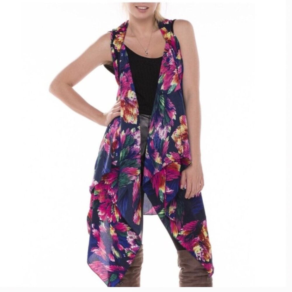 Floral Chiffon Vest Kimono Cover-Up Duster Cardigan Resortwear Vibrant OS